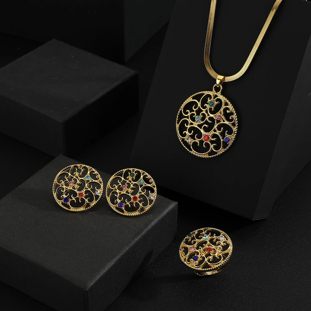 3 Pcs Gold-color Lady round Fashion Accessories Zircon Simple Ornate Exquisite Necklace Ring Earrings party wedding Jewelry Set