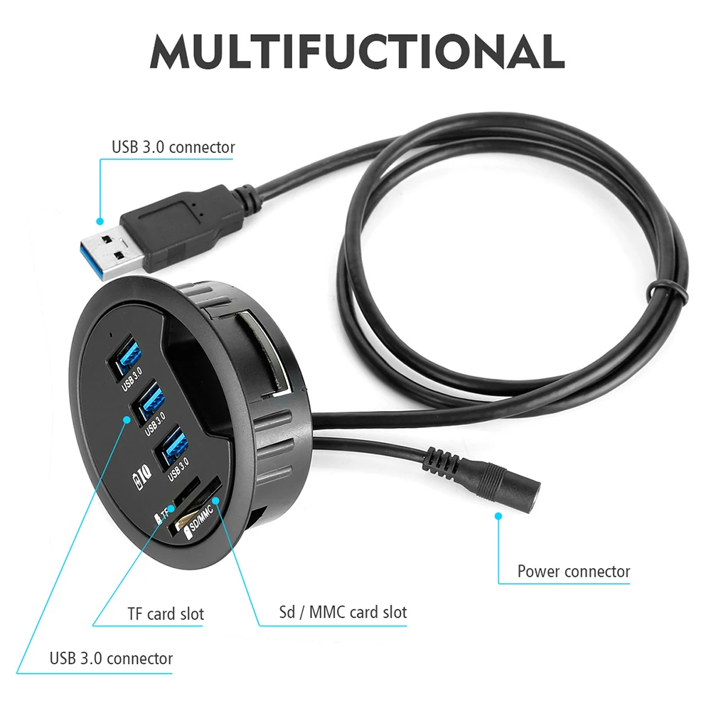 USB HUB Mount In Desk Multi USB 3.0 Ports SD/TF Headphone/Mircophone Type C Port  With Power Adapter 5V 2A  Hub Usb 3 0