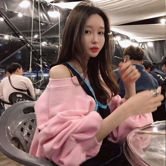 2026 New Chic Korean Style Shoulder Bared Long Sleeve Thickened Fleece Women's Sweatshirt Loose Fit Hoodie Pure Color