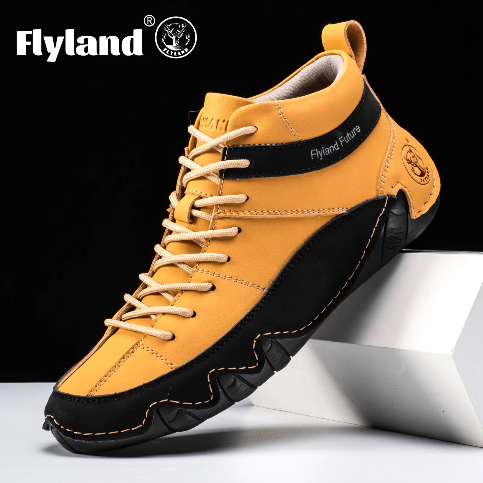 FLYLAND Men's Casual Leather Shoes Fashion Vintage Handmade Chukka Boots Male Sneakrs