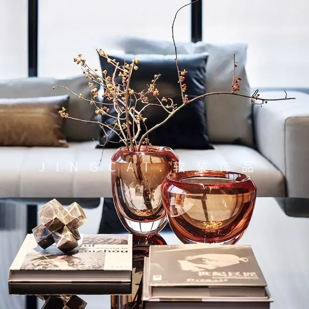 New Chinese light luxury modern high-grade glazed amber vase flower arrangement model room sales office living room coffee table