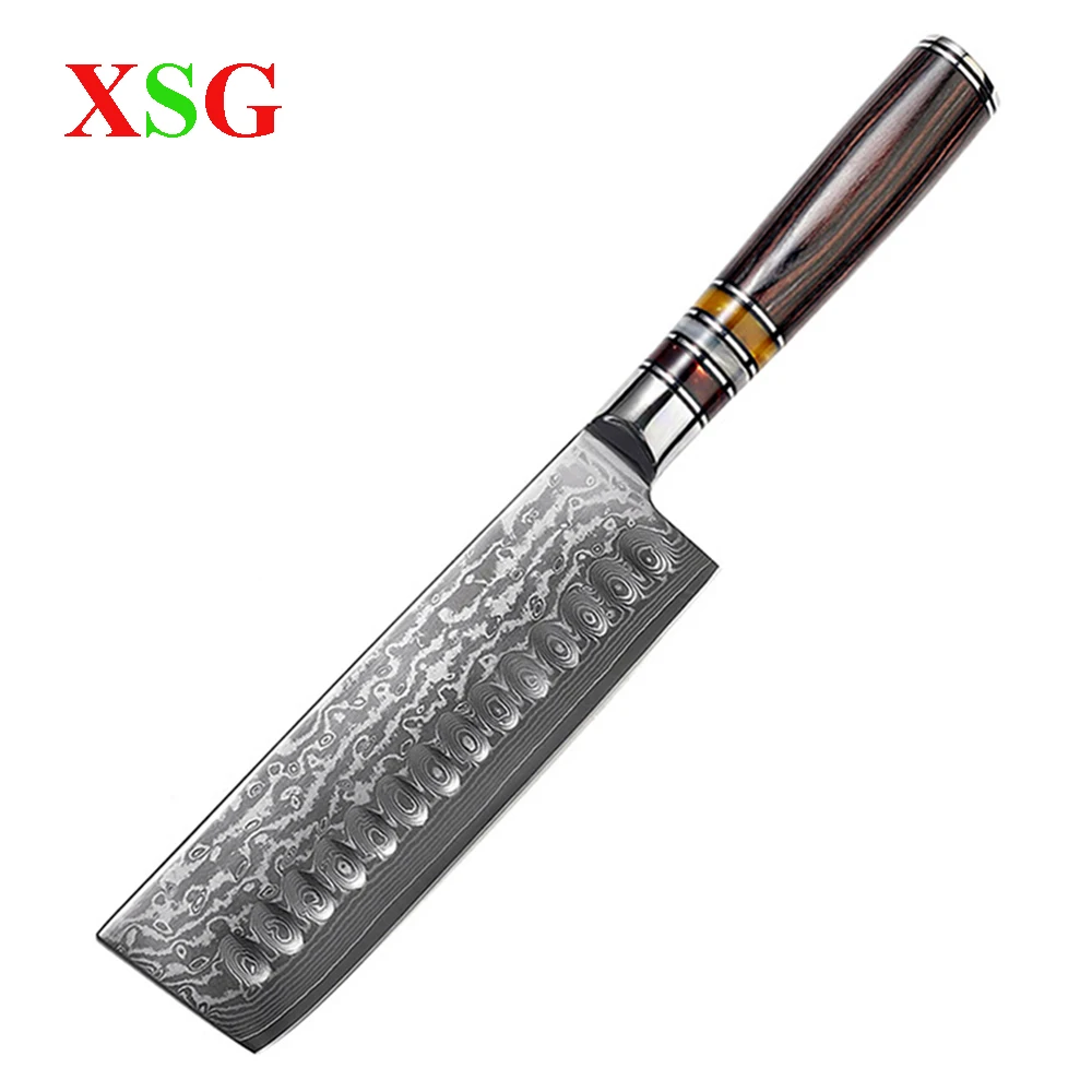 XSG Nakiri Knife VG10 Damascus 67 Layer Steel Blade Meat Cleaver Japanese 7 Inch Slicing Knife For Kitchen 