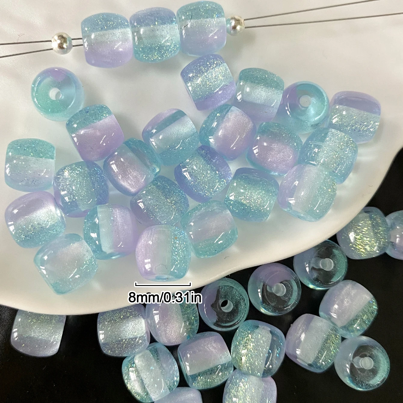 Funkelnde zweifarbige Katzenaugen-Harzperlen, 10/30 Stück, 8 mm, zylindrische lose Abstandsperlen für die Schmuckherstellung, DIY-Armband, Halskette – Detail 4
