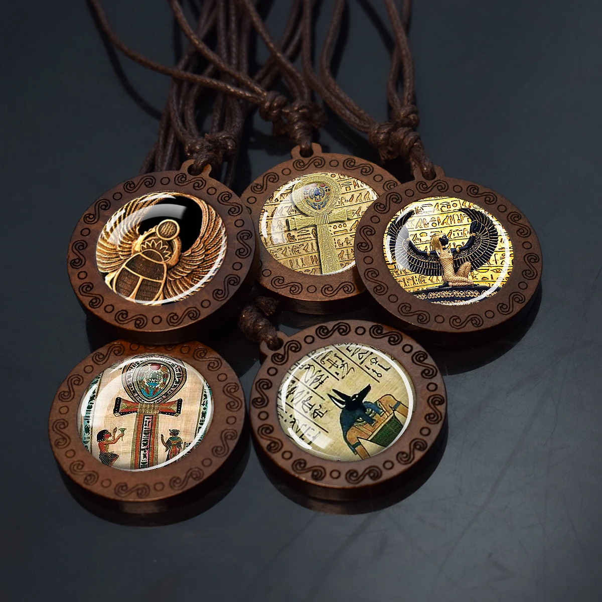 Кулоны из древнего Египта, Анкх анубис, Scarab, Сфинкс, богиня Исиды, деревянная подвеска, веревочные цепочки, ожерелье для женщин и мужчин