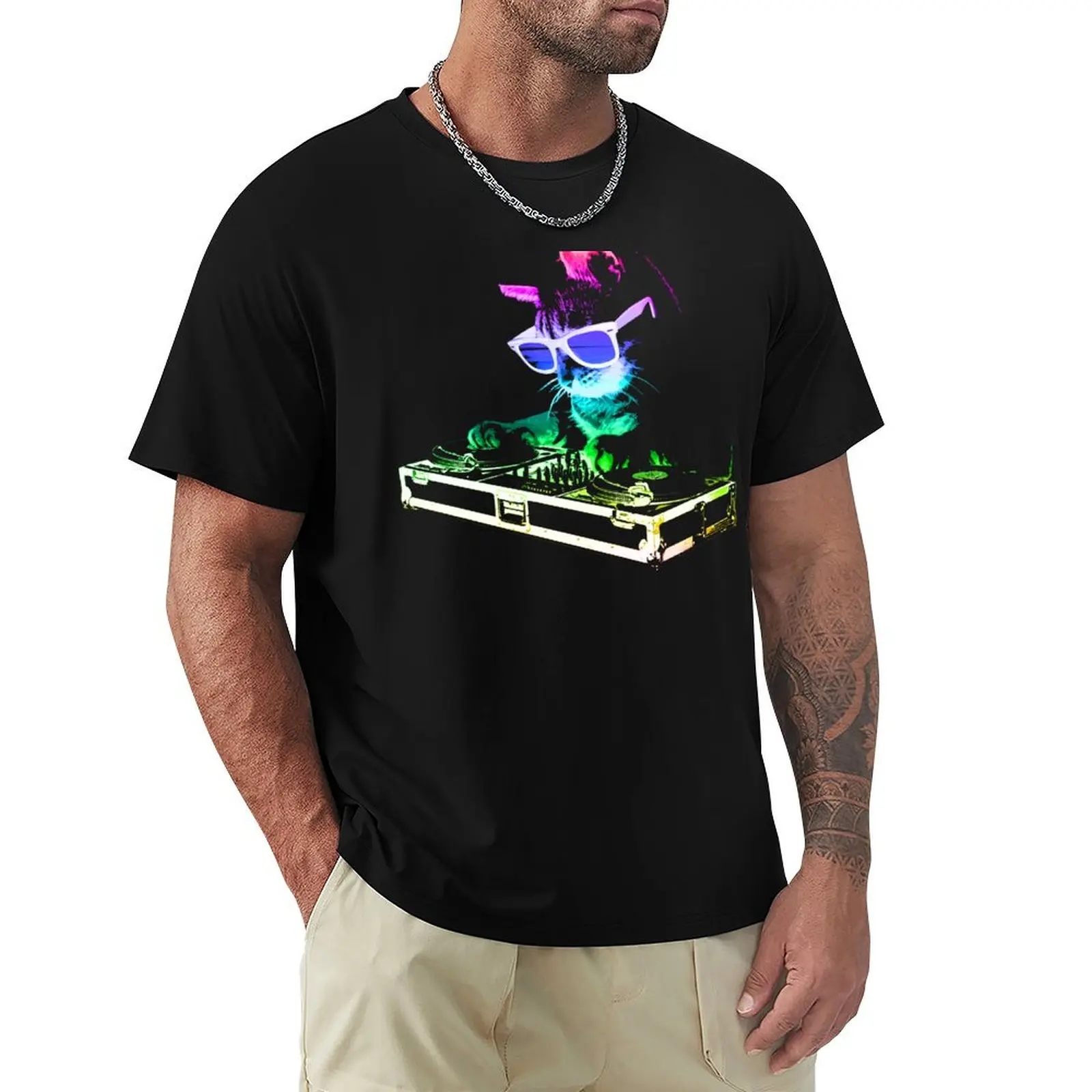 HOUSE CAT (Rainbow DJ Kitty) T-Shirt Casual Pattern Print Tee Shirt