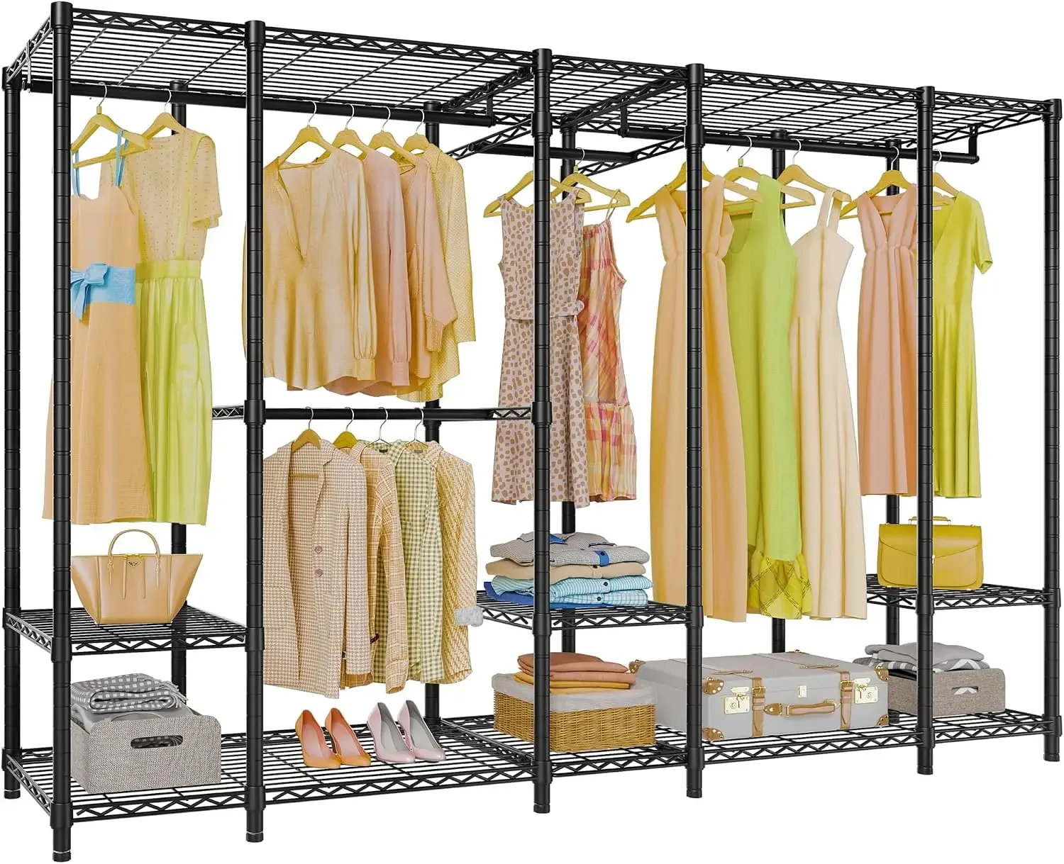 Heavy Duty Widened Frame Rolling Metal Garment Storage Organizer Lockable Casters Dust Proof Cover Black Household Portable Open Wardrobe System For Daily Clothing Hanging Storage