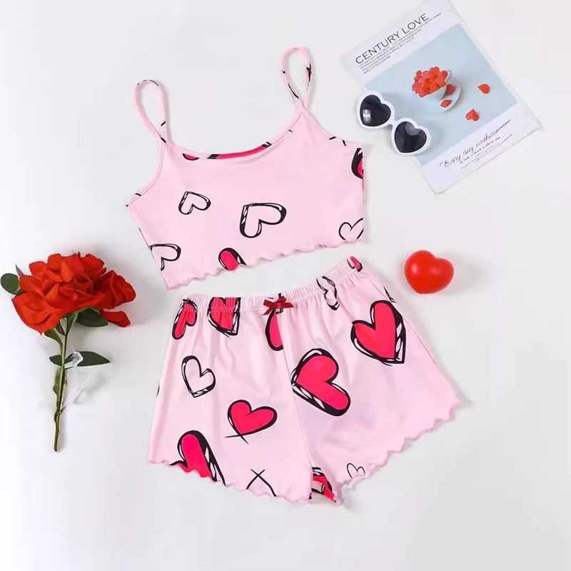 

Satin Heart Print Pajama Set Spaghetti Strap Cami Top And Frill Shorts Smooth Texture For A Restful Sleep Women's Sleepwear Pjs