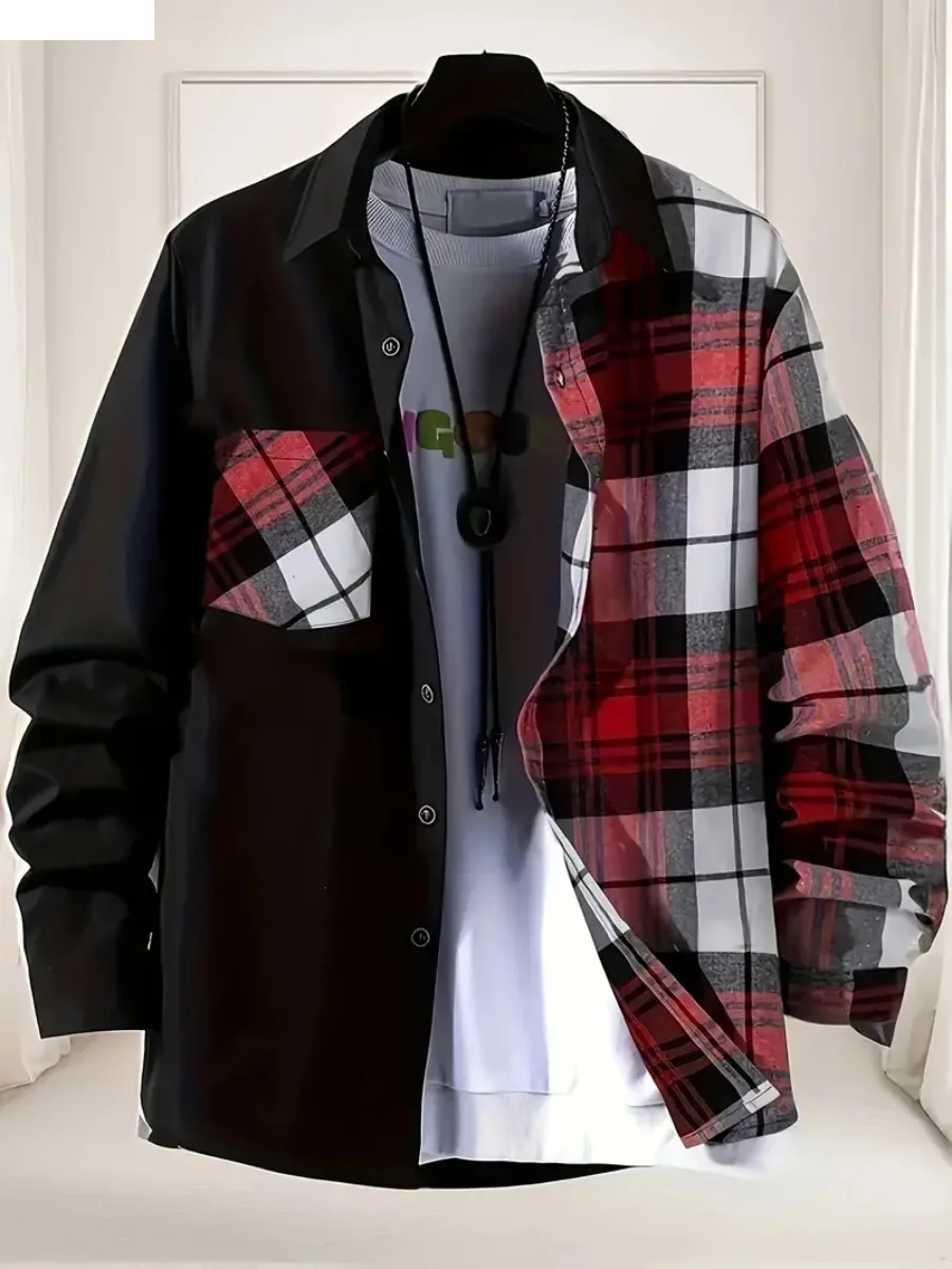 

Men's Spring Autumn Casual Long Sleeve Shirt Fashion Patchwork Plaid Design Single-breasted Shirt Coats Comfortable Cardigan