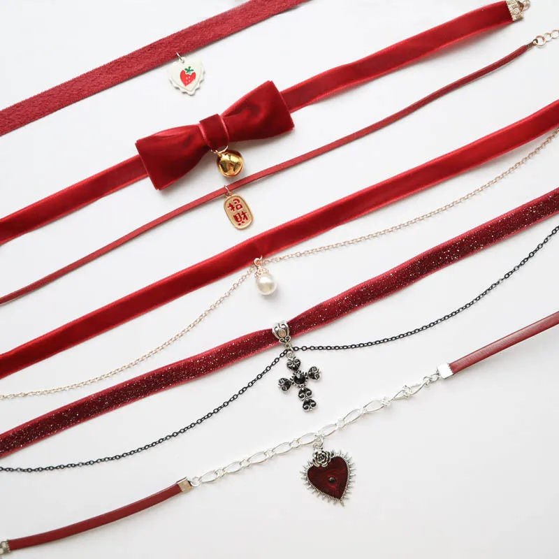 Hot Sexy Velvet Ribbon Heart Bow Choker for Women Cross Fairy Clavicle Necklace Lady Jewelry Accessories Girl Gift Wholesale