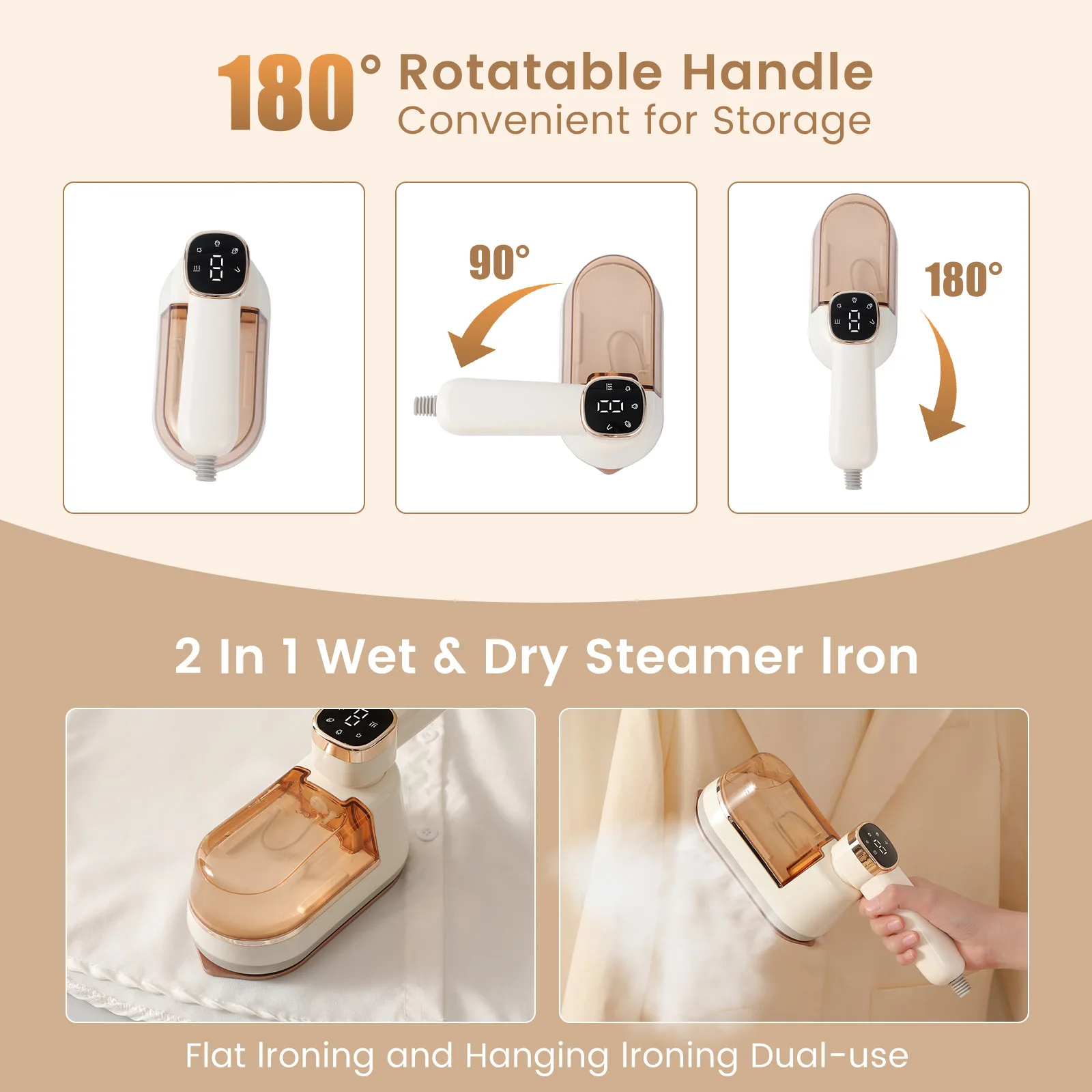 شاشة تعمل باللمس 180 °   مكوّاة معلقة محمولة، متعددة السرعات، خزان مياه قابل للفصل، مكواة بخار عالية الطاقة وسهلة التنظيف