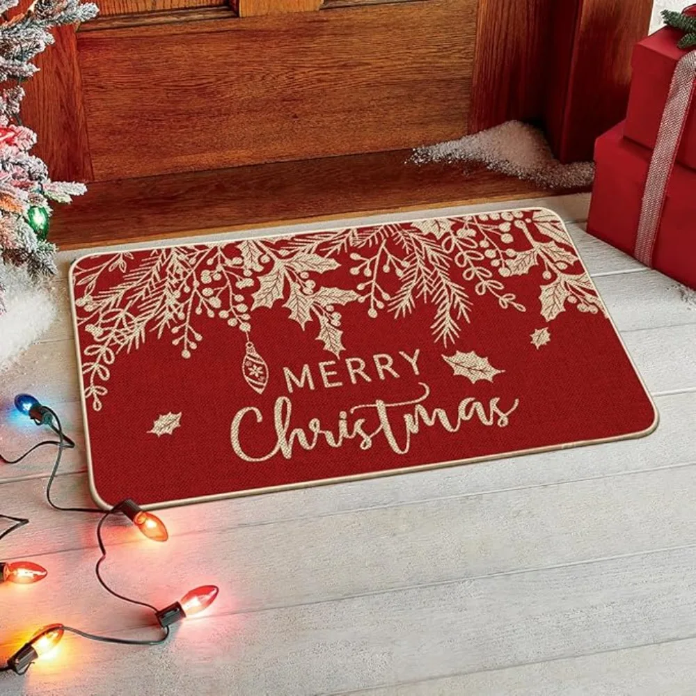 Christmas Carpet Mat Rug Snowman with Red Scarf Hat Design Let It Snow MERRY Christmas Text Floor Mat for Home Decoration