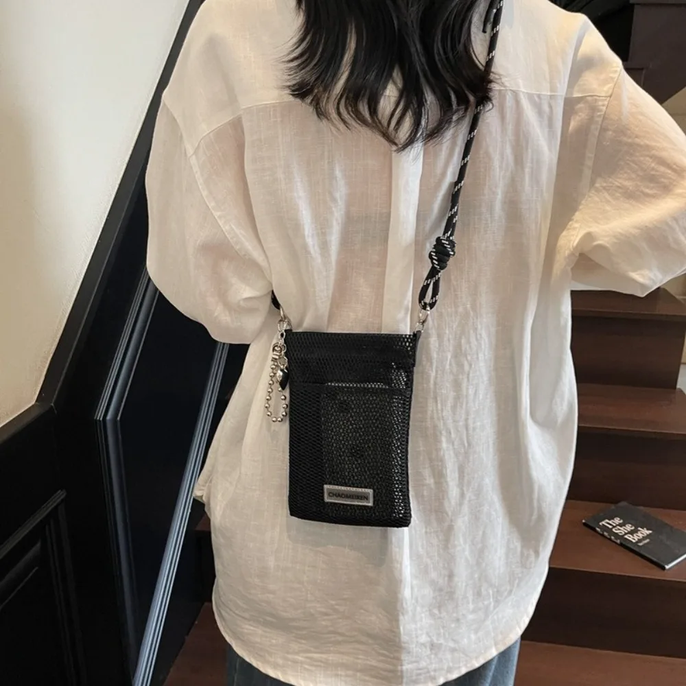 

Cute Korean Nylon Mesh Wallet Teenager Hollow Shoulder Purse Bags Crossbody Solid Color Mobile Phone Bag Outdoor