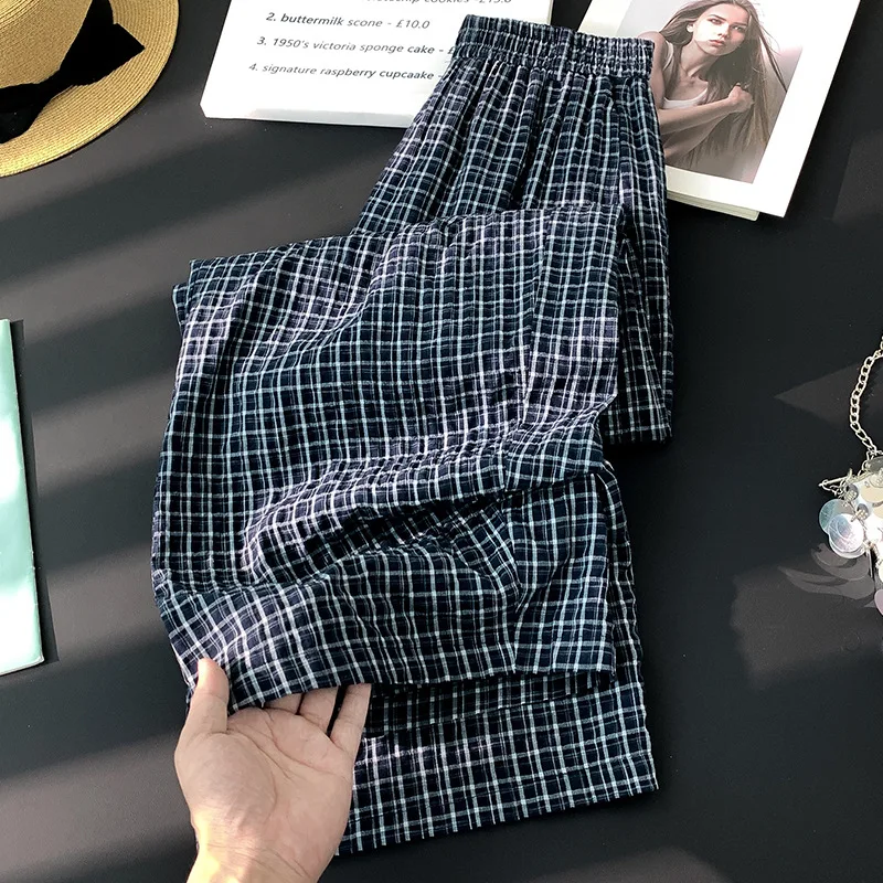 Women Pants Plaid Capris Cotton Linen Elastic Empire Waist Full Length Wide Leg Pants Slight Strech Loose Fit Casual 2026 Summer