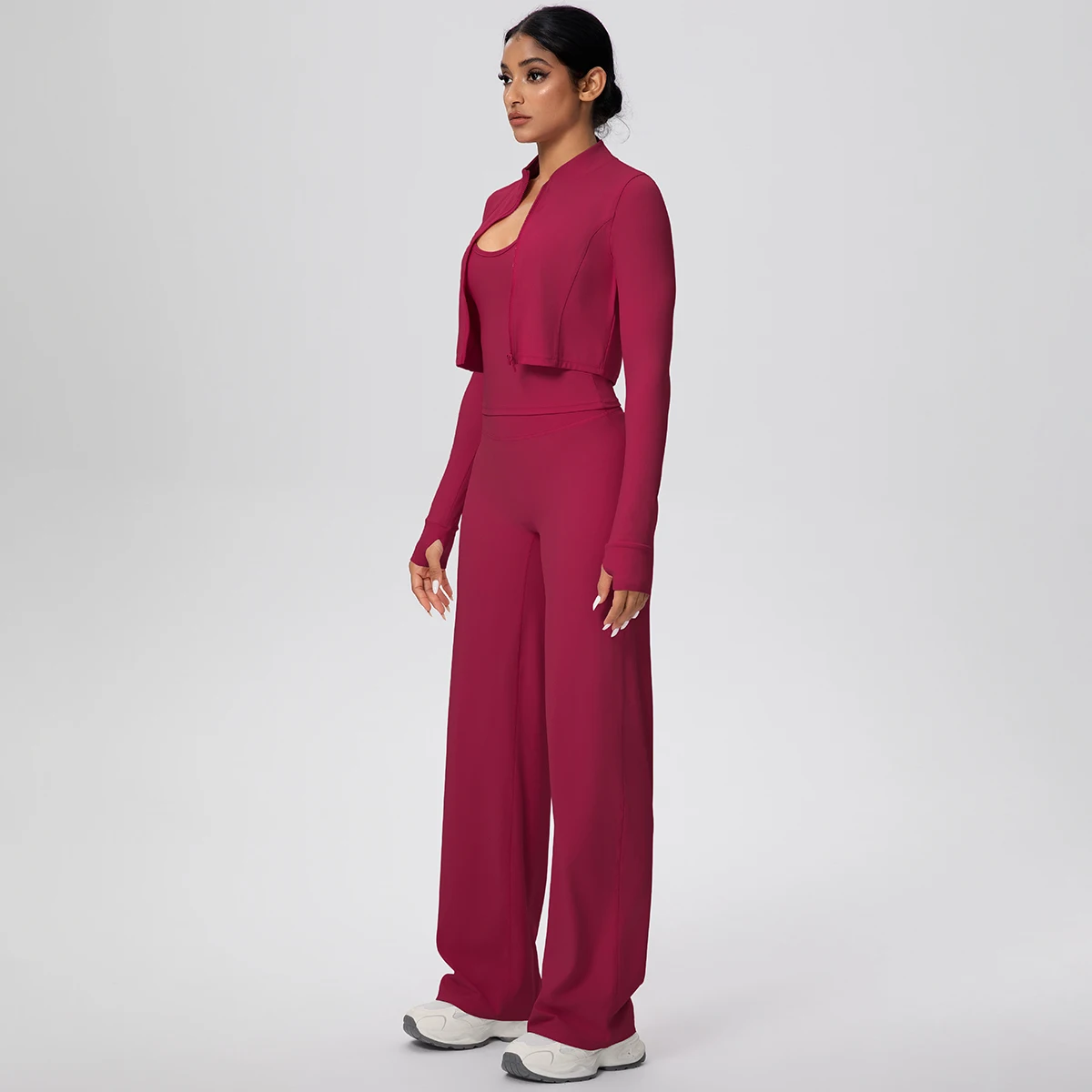 طقم يوجا رياضي للياقة البدنية سريع الجفاف للنساء، حمالة صدر بحزام عاري اللون مع وسادة صدر وسحاب وأكمام طويلة #3