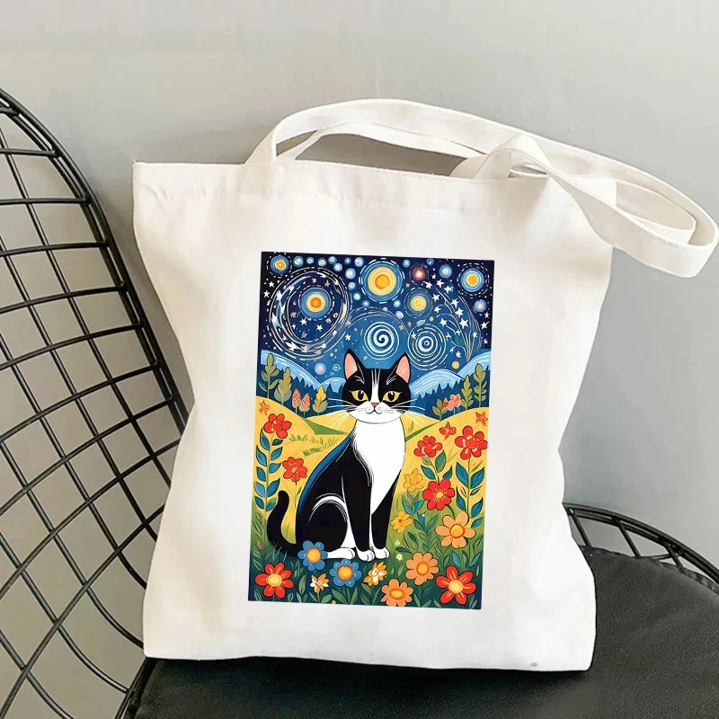 The Cat Under The Starry Sky Canvas Shoulder Bag Organizer Travel Large Capacity Tote Bags Fashion Handbag Reusable Shopping Bag