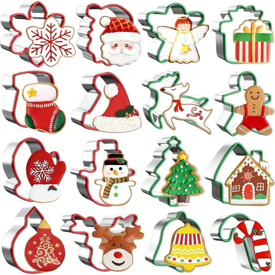 

QY- Christmas Cookie Cutters Set 16Pcs Stainless Steel Holiday Cookie Molds With Comfort Grip For Baking Xmas Party Supplies Santa Face Gingerbread Man Christmas Tree Bell Gloves Socks Etc -9608