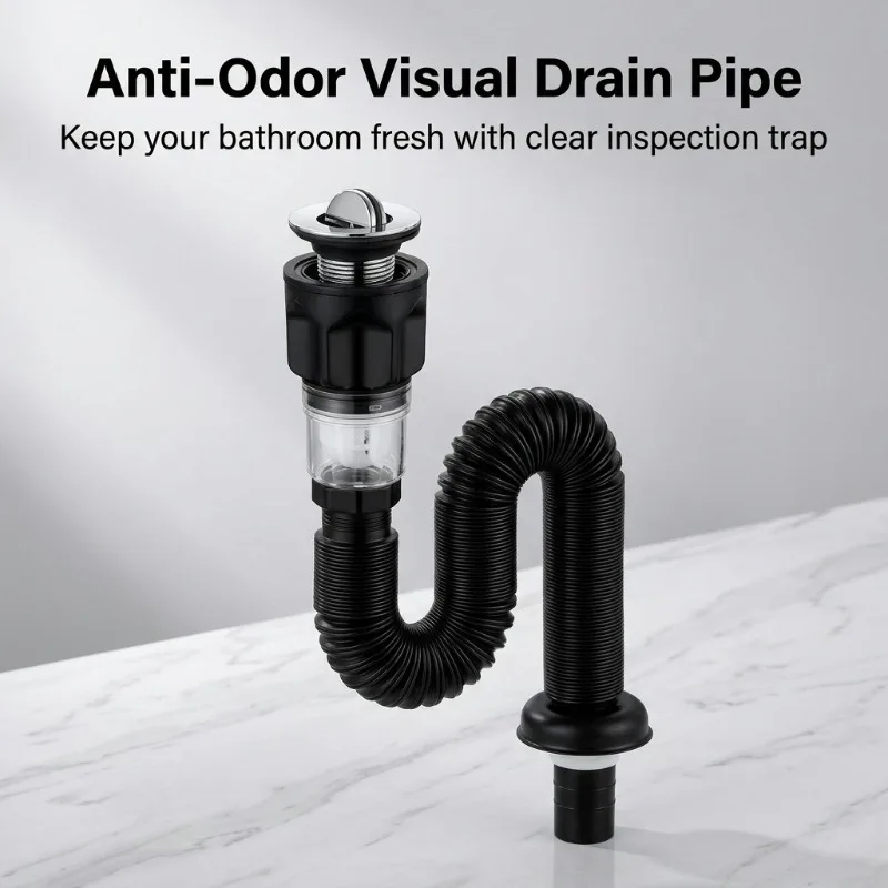 Home Bathroom Washbasin Drainage Assembly Flexible Anti Odor Sink Drain Pipe with Stopper for Sink Renovation & Plumbing Work
