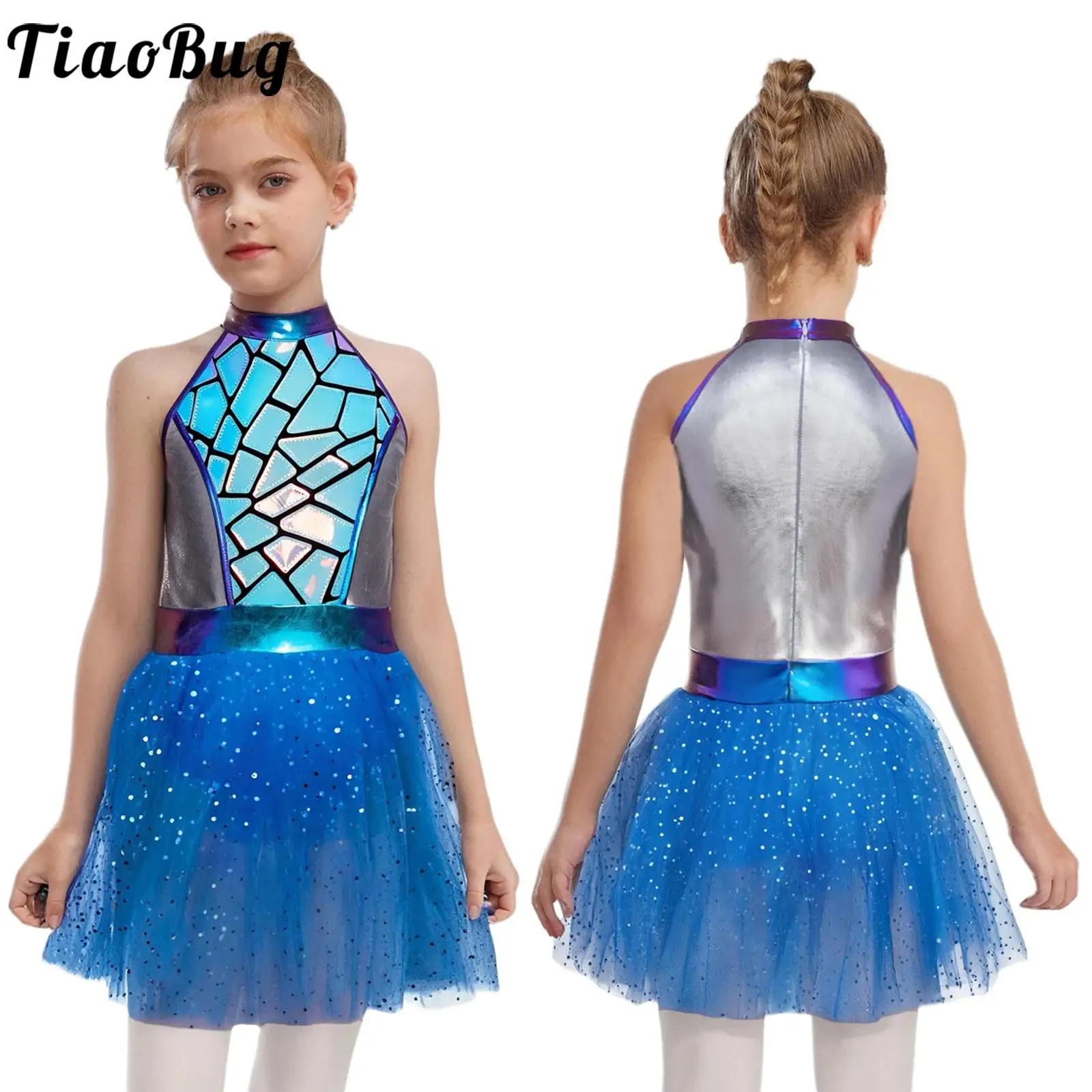 

Kids Girls Halloween Space Alien Galaxy Traveler Cosplay Costume Halter Sleeveless Metallic Shiny Sequin Mesh Tutu Dress Leotard