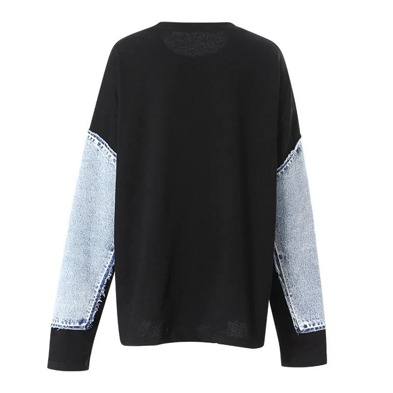 ZOCI موضة الدنيم المرقعة وهمية 2 قطعة البلوفرات المرأة الجولة الرقبة فضفاضة رمادي طويل الأكمام البلوز المد الجديد