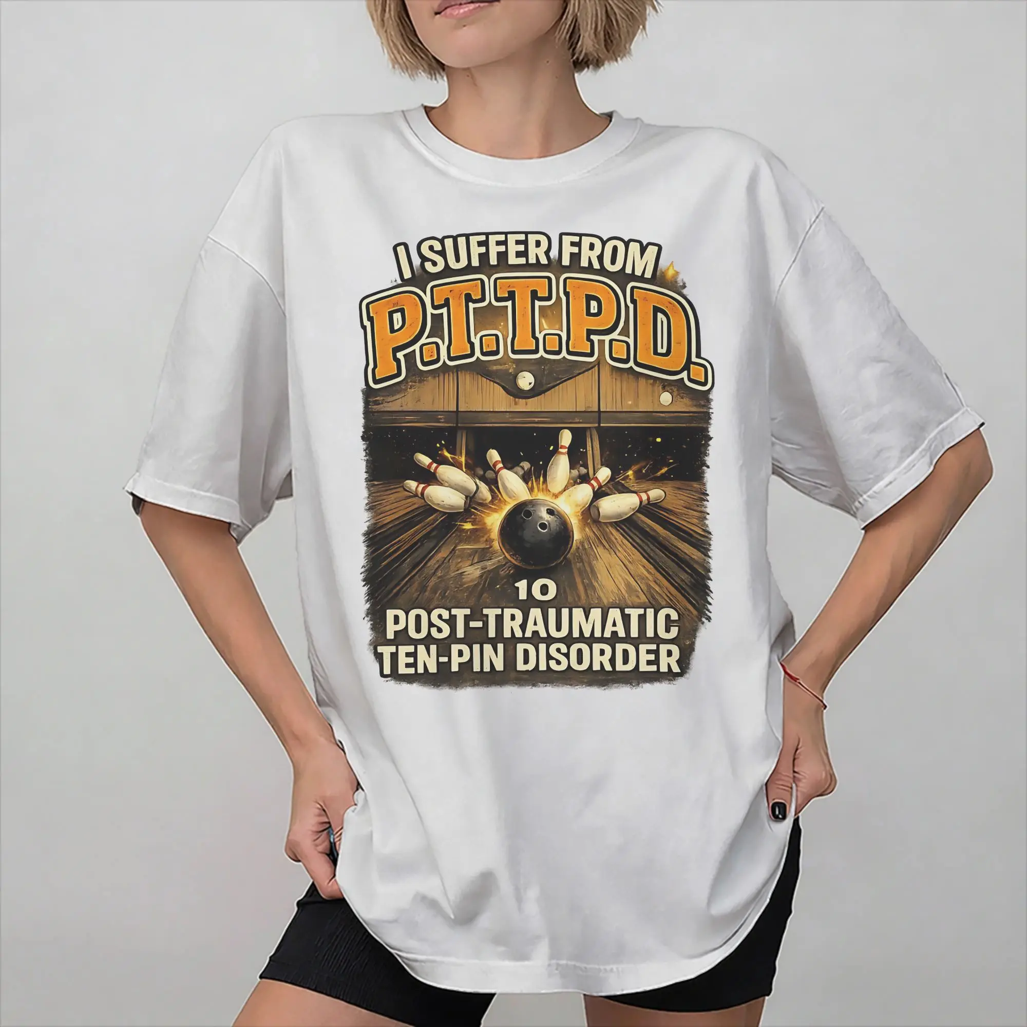PTTPD Post Traumatic Disorder Funny Ten Pin Bowling Graphic Printing T Shirts Men Women  Pure Cotton  Tee Shirt Clothing