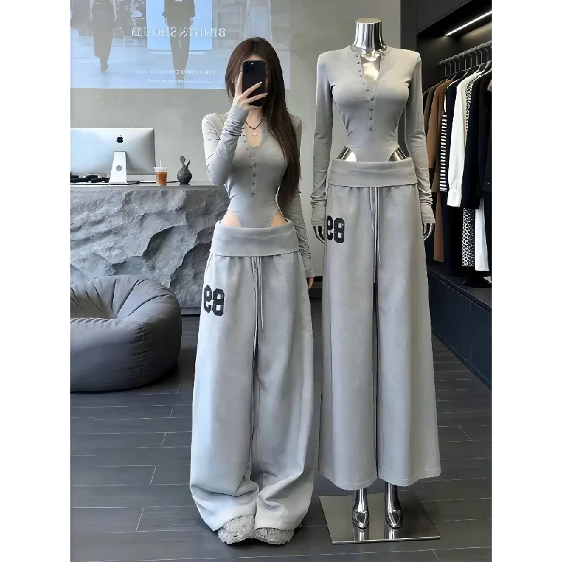 

Early Spring American Style Sexy Sporty Grey Button Long Sleeve Onesie Women's Fashionable Outgoing Slim Fit Base Shirt