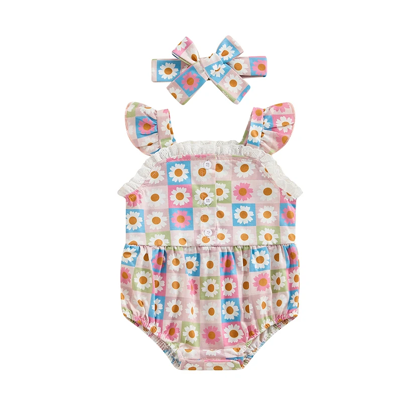 Newborn Girl Outfit, Flower Print Fly Sleeve Patchwork Romper with Hairband Summer Clothes