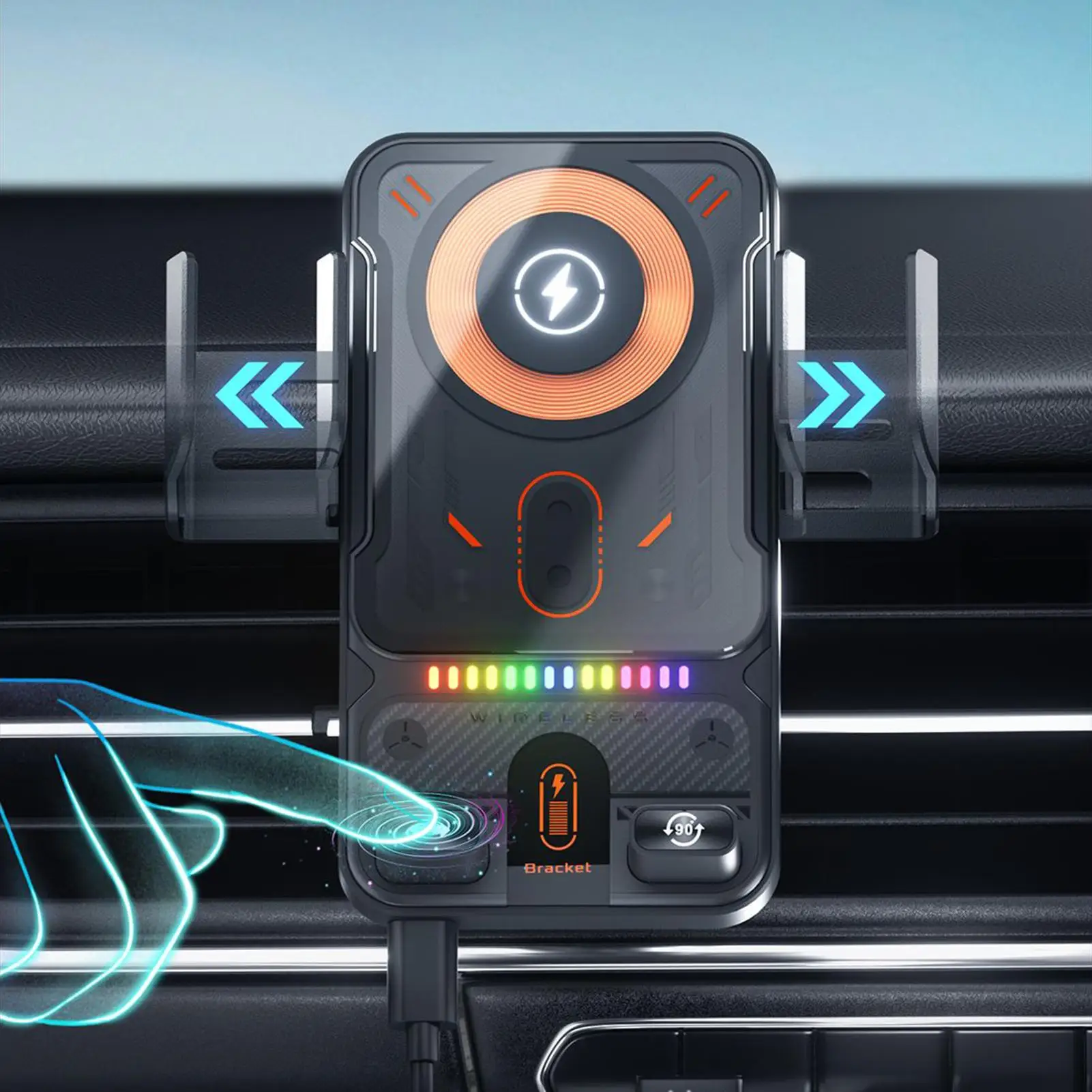 Car Unicersal Air Vent Electric Rotating Opening Closing Phone Holder 15W Wireless Charger Duals Coil Smart Phones Fast Charging