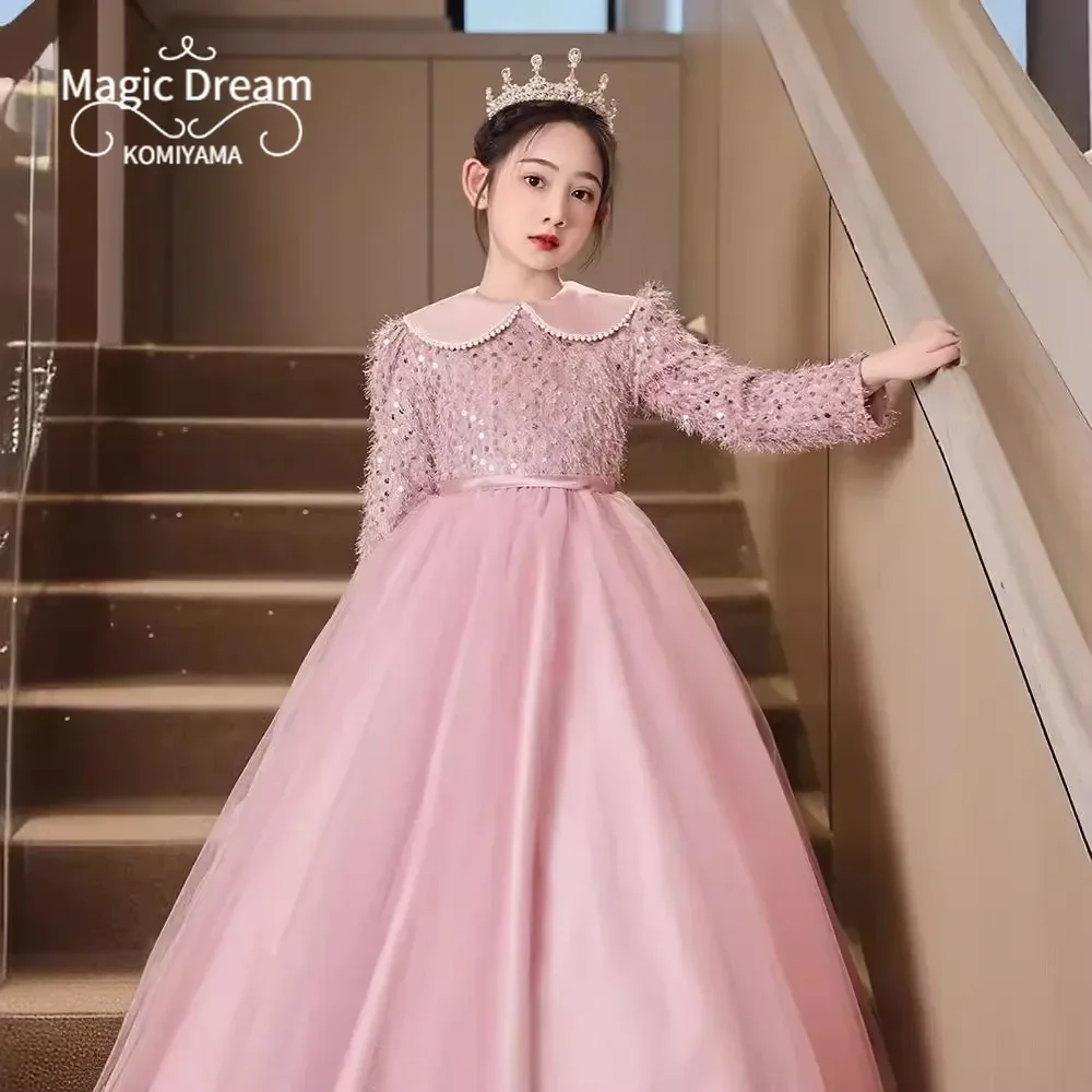 Customized Niche Evening Dress Pink Birthday Party Long Sleeve Ball Gown Princess Robe Piano Performance Flower Girls Dresses