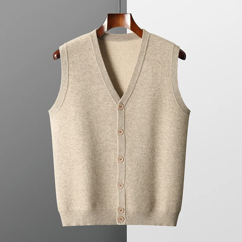 

Casual Men's 100% Cashmere Air Layer V-Neck Solid Color Vest Sleeveless Warm Knitted High-End Business Waistcoat