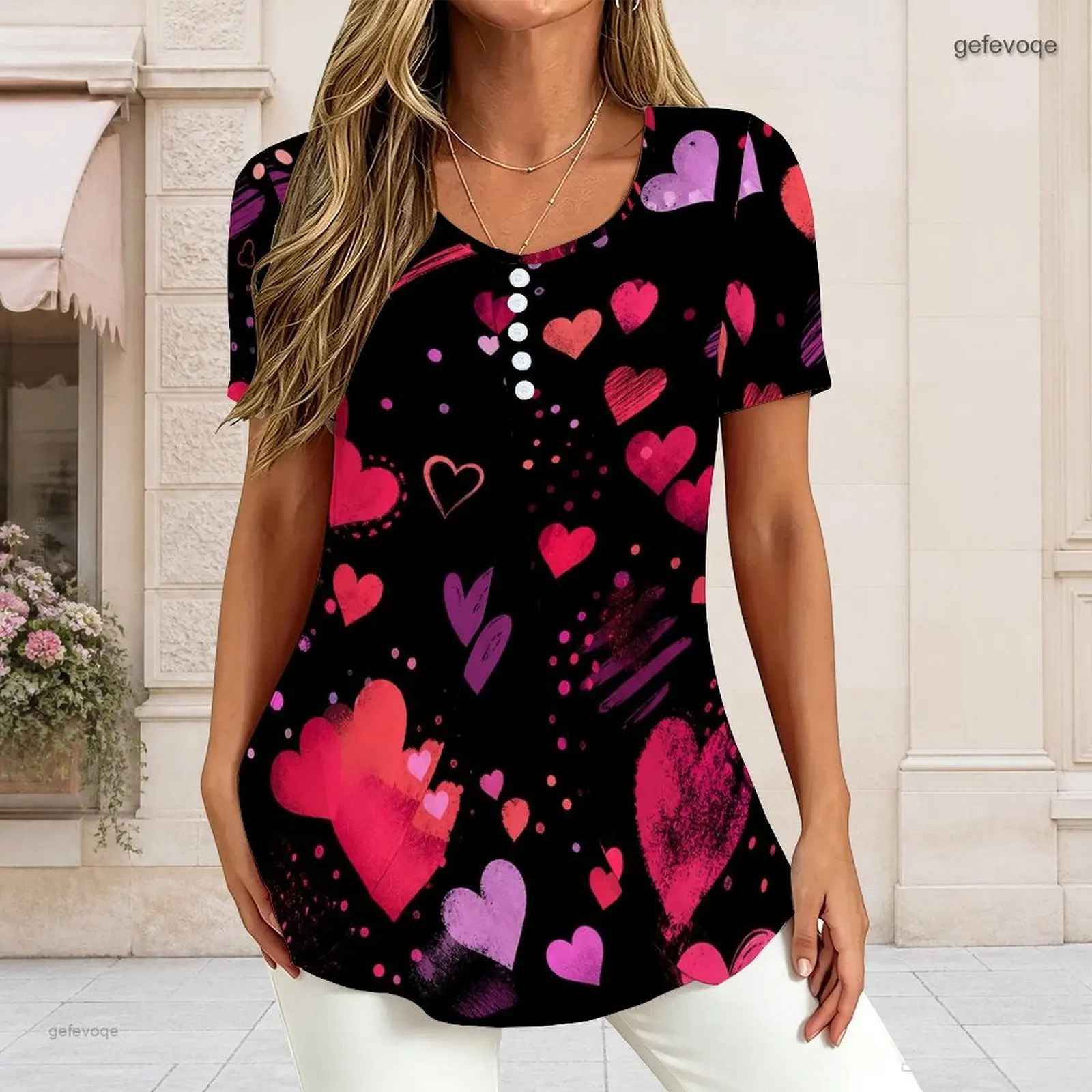 Women V Neck Short Sleeve T Shirt Half Button Placket Fake Two Piece Layered Curved Hem Loose Tunic Top Custom Print Ladies Casu