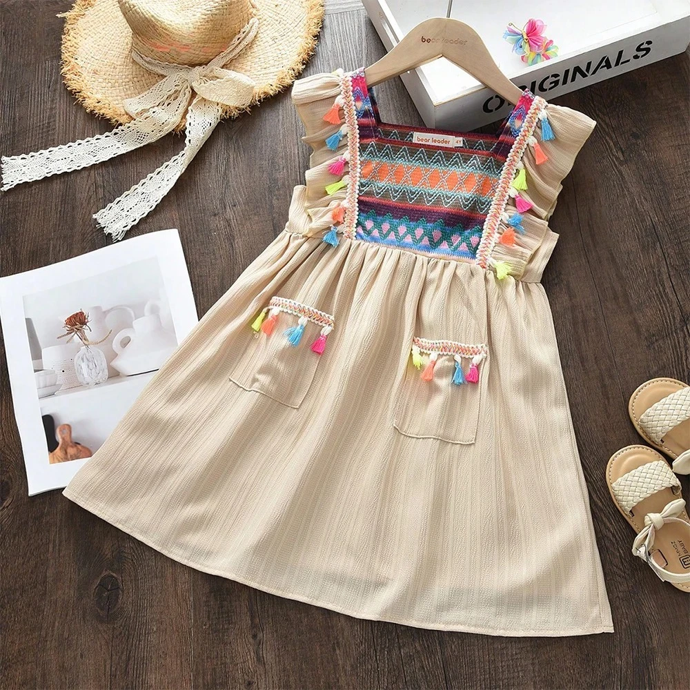 Summer Casual Khaki Bohemian Style Striped Fringe Square Neck Flying Sleeve Dress for Girls 3-7