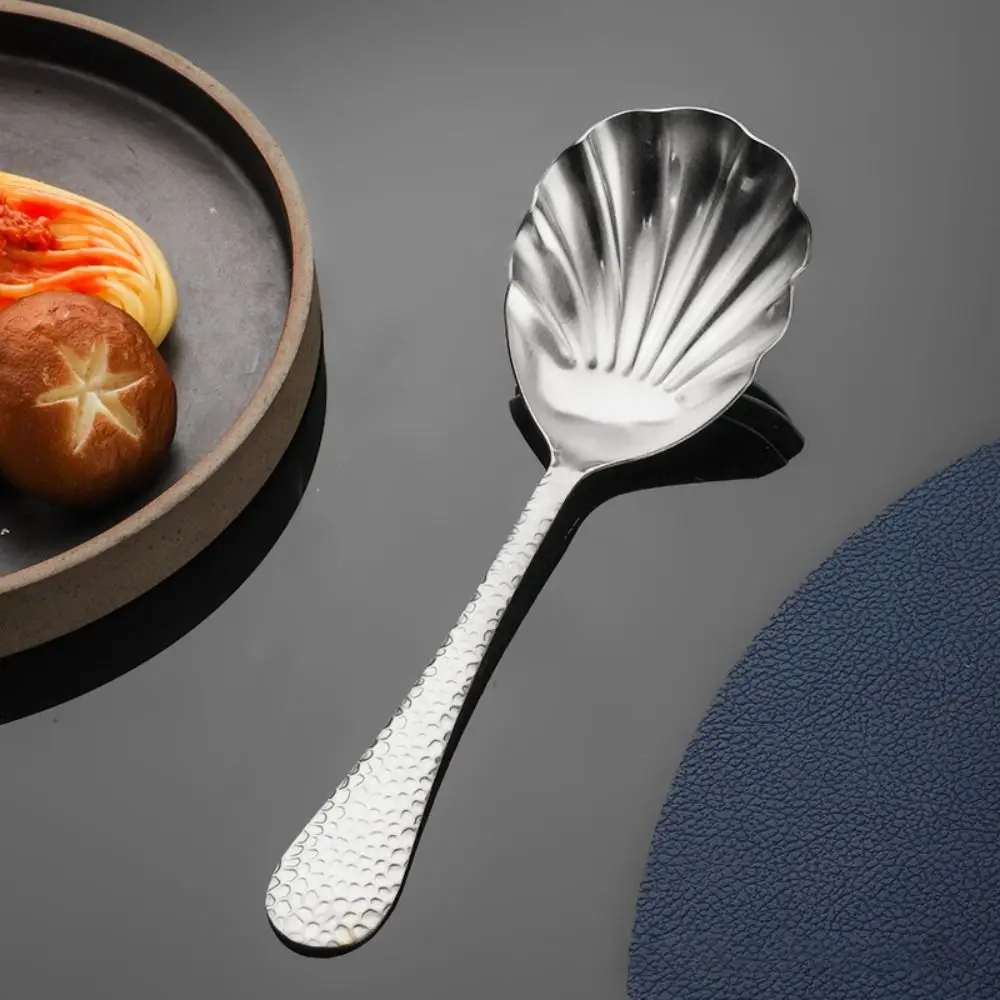 Hammered Patter Handle Shell Shape Soup Spoon Stainless Steel Thickened Serving Scoop Mirror Polishing Large Shared Spoon Hotel