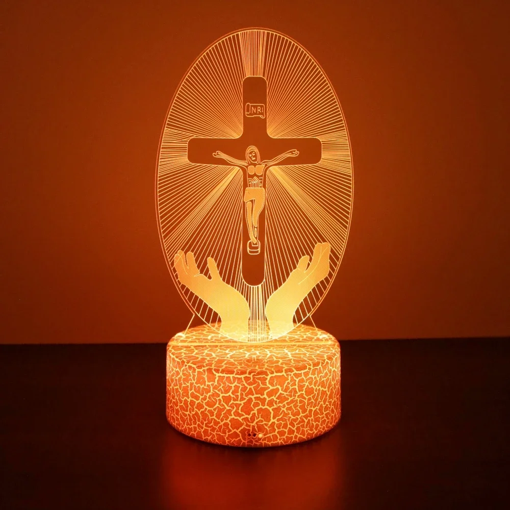 Jesus Cross 3D Lamp Friends Xmas Easter LED Night Light Crucifix Optical Illusion Nightlight Desk Table Lamps Room Decor Gifts