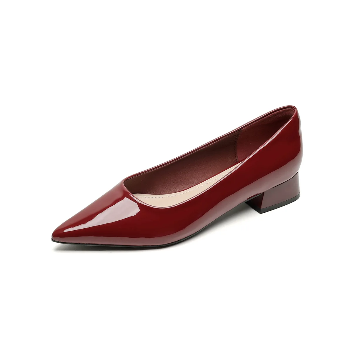 

Burgundy Patent Leather Woman Pumps Low Square Heels Boat Shoes Pointed Toe Plus Size 42 Dress Shoes Comfortable for Work