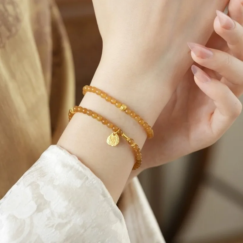 

Natural Hetian Qiemo Sugar Jade Small Bead Bracelets for Women Yellow Jade Stackable Lucky Jewelry Gifts