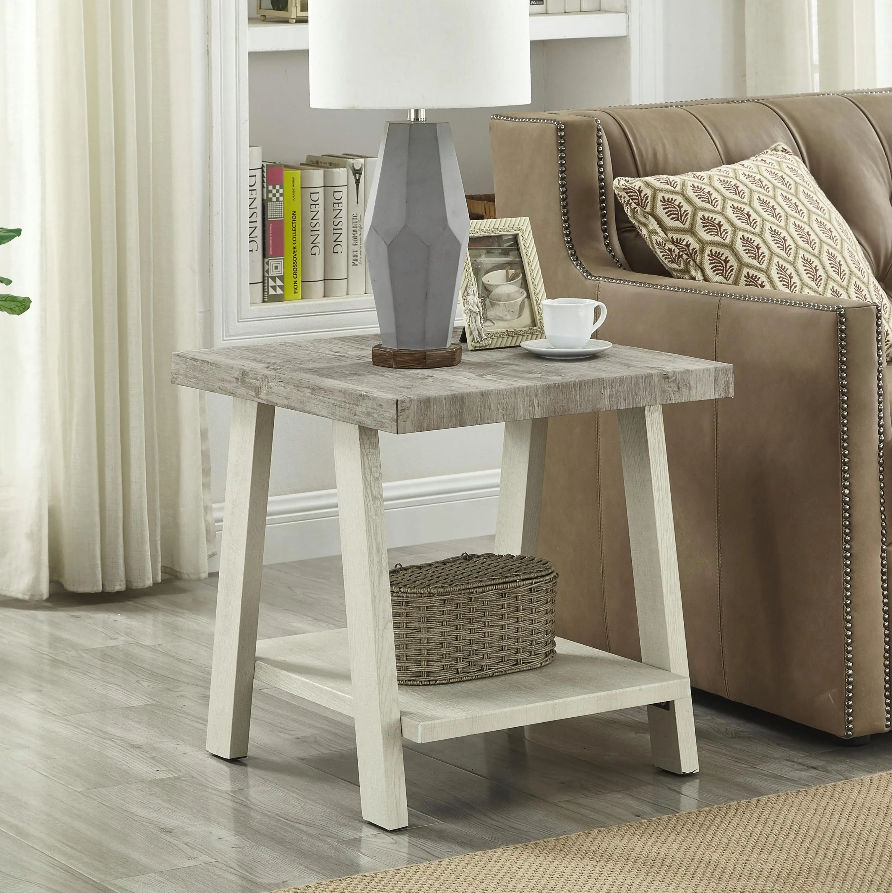 Modern Two-Tone Wood End Table - Weathered Gray & Beige Shelf for Living Room, Bedroom, or Office