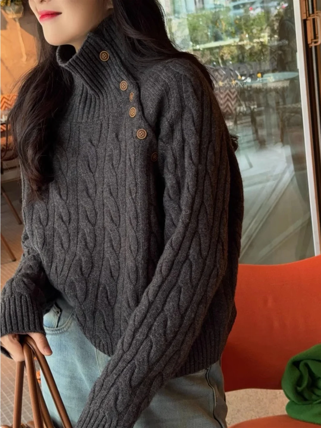 

Толстый кашемировый свитер с высоким воротником в стиле ретро, женская осенне-зимняя свободная рубашка с диагональными лацканами