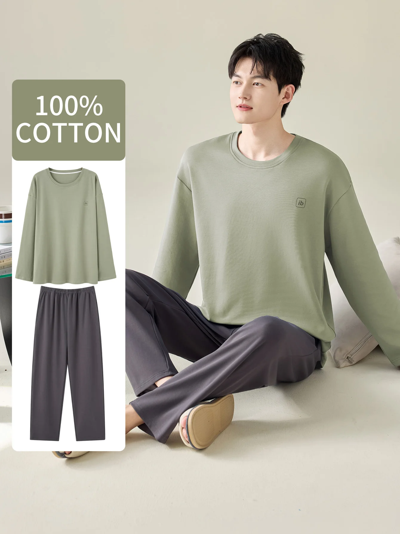 

Men's 100% cotton long sleeved four season plus size men's sleepwear, teenage pure cotton home suit set for warmth