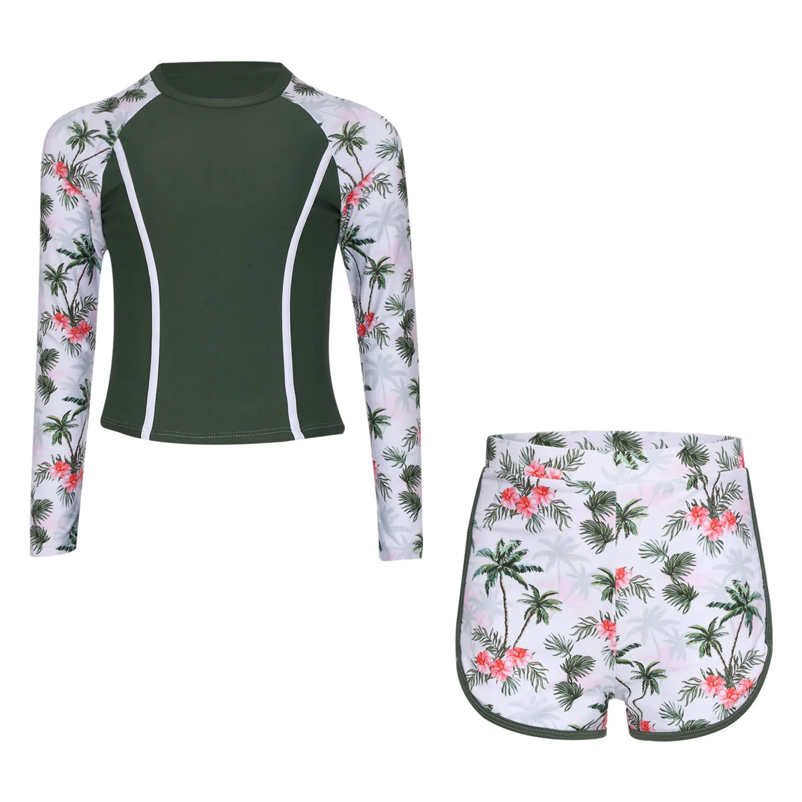 

Kids Girls Swim Sets Rash Guard Swimsuit Long Sleeves Swim Tops with Swim Shorts Vibrant Print Beachwear Bathing Suits Swimwear