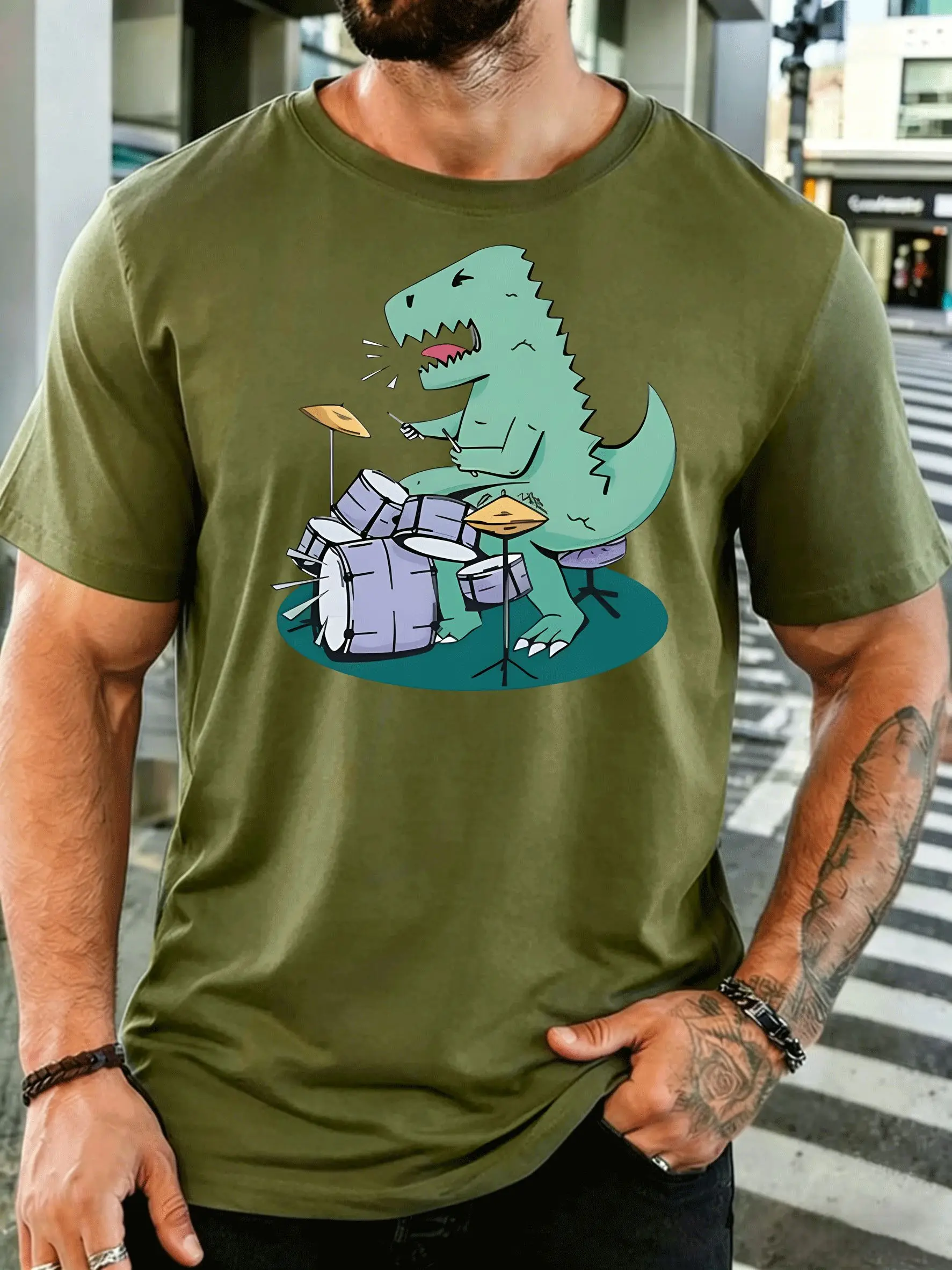 Men Short Sleeve T Shirt Dinosaur Drummer Graphic Tee Rock Music Print Tops Summer Soft Cotton Casual Street Wear For Adult Male