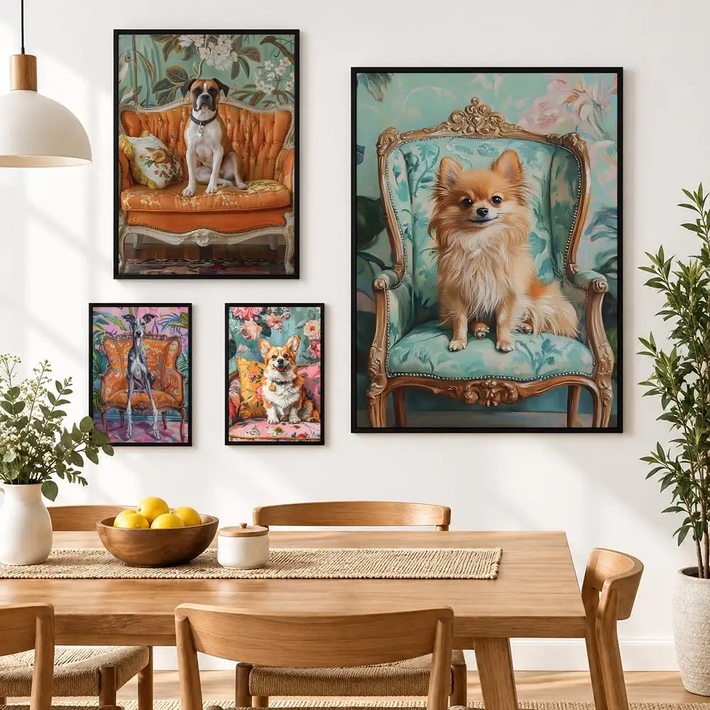 Dog on Stool Bichon Frise Greyhound Pomeranian Poster Waterproof HD Modern Peel And Stick Wall Decor Living Room Dorm Garage