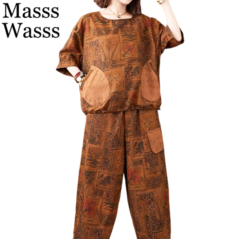 

Masss Wasss 2026 Summer British Outfit Women Loose Printed 2 Pieces Sets Vintage Top O Neck Tshirt Casual Trousers Classic Pants