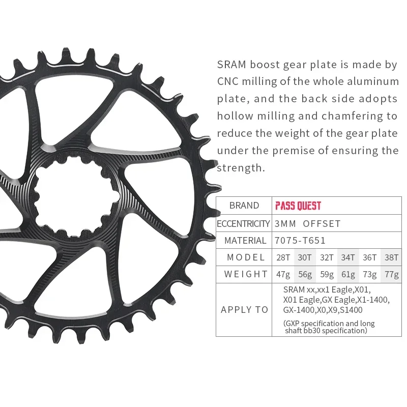 PASS QUEST for GXP/DUB Oval and Round Bike Chainring 3mm offset and 6mm offset MTB Mountain Bicycle Narrow Wide Chainring