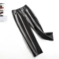 Women's Sheepskin Leather Pants, Slim High Waist Straight, Genuine, Plus Size, Autumn, Winter