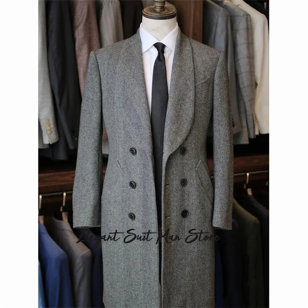 

Autumn Winter Classic Grey Wool Herringbone Long Coat Italian retro men's suit coat jacket Business suit jacket