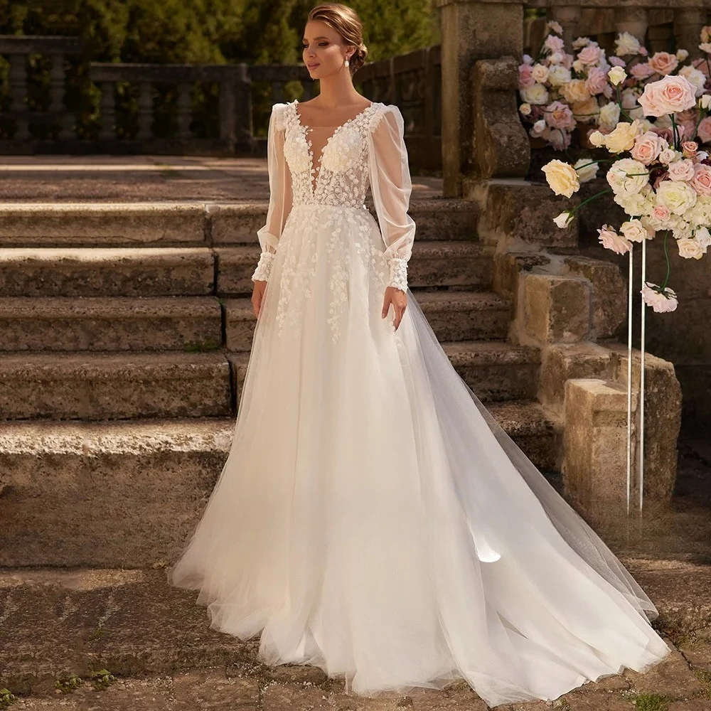 Boho A-line  Wedding Dresses Long Puff Sleeves V Neck Applique Sweep Train Illusion Back Bridal Gown Vintage vestido de novia
