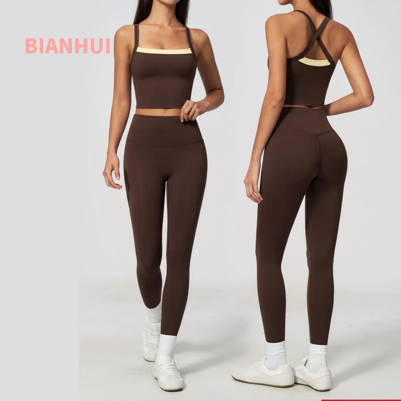 2Pcs Women Fitness Yoga Outfit Built-in Bra Sleeveless Tank Top High Waist Pants Soft Stretch Gym Training Workout Sportswear