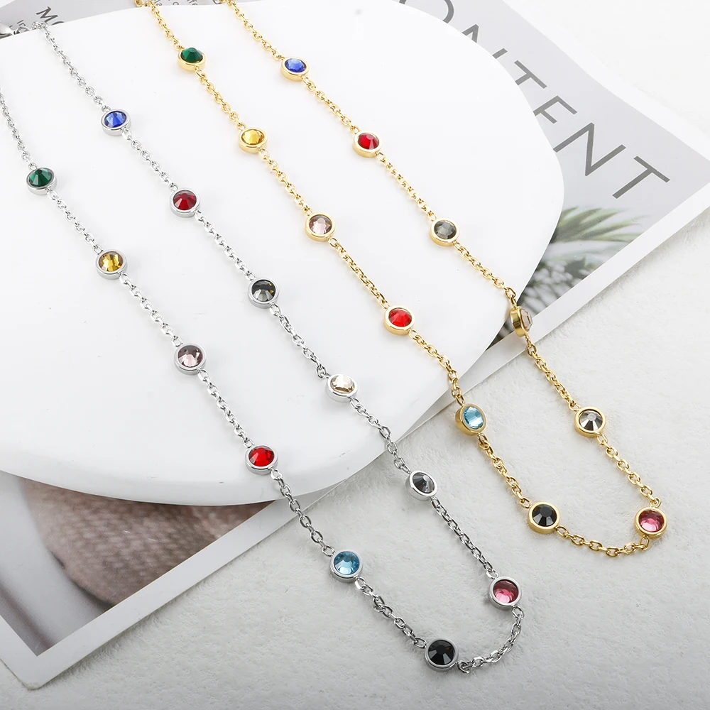 JINHUI Colorful Cubic Zirconia Stainless Steel Chain Necklace for Women Trendy 12 Birthstone Crystal Collar Necklace Jewelry New