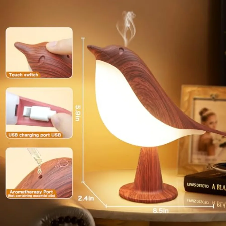 2 in 1 Small Desk Lamp, Bird Cordless Table Lamp with 3 Color Temperature Dimmer and Touch Sensor - Rechargeable Battery Night view 4
