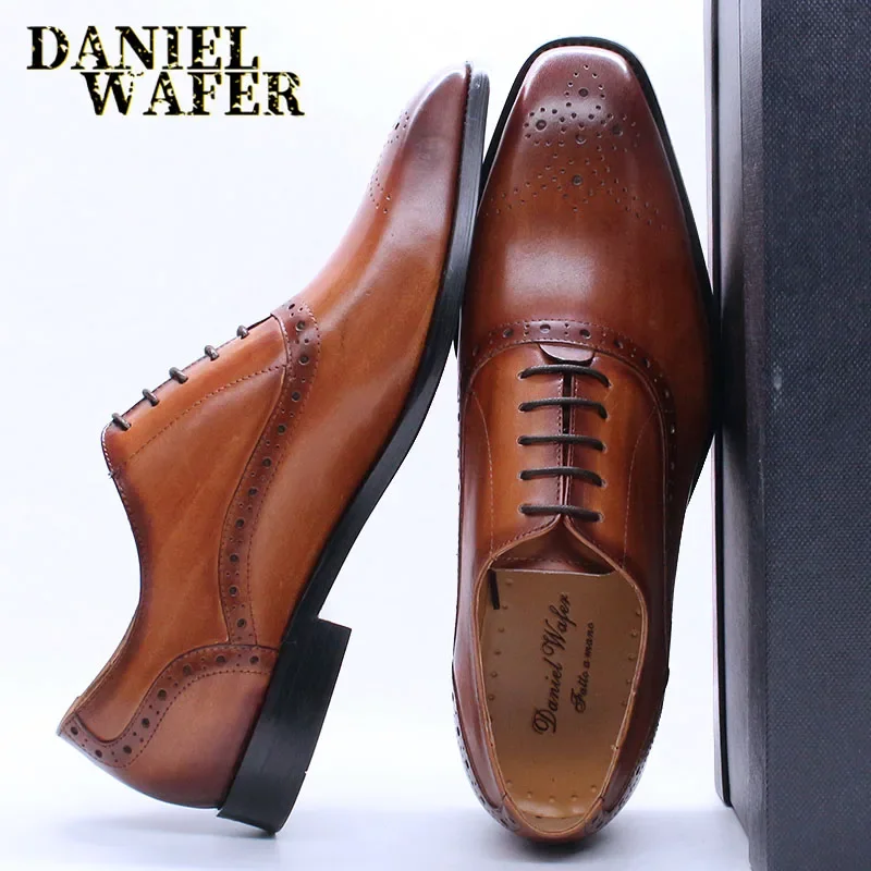 Luxury Mens Oxford Genuine Leather Shoes Black Brown Classic Shoes Brogue Lace Up Dress Wedding Office Business Men Formal Shoes